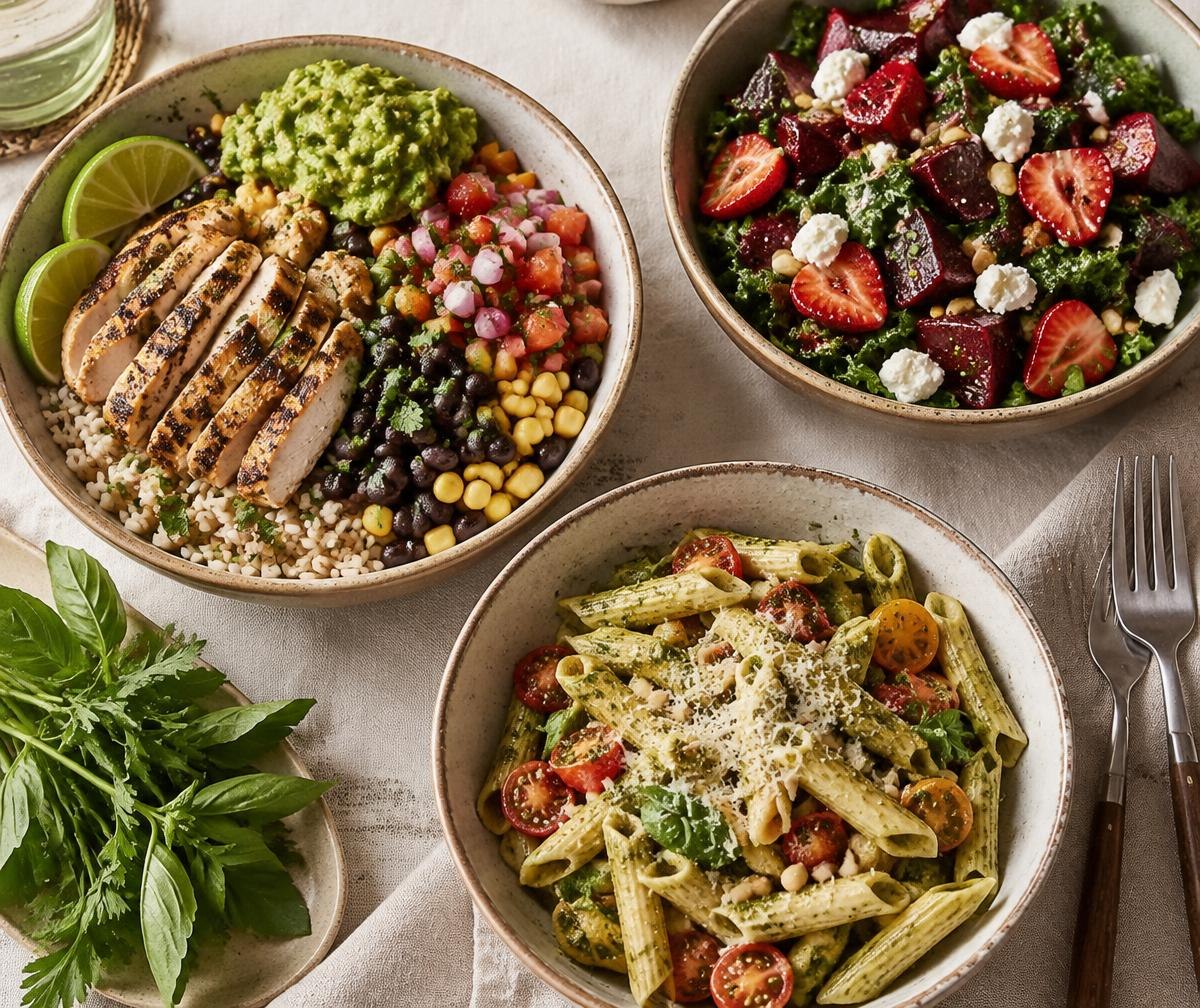Illustrative spread of colorful bowls, salad and pesto pasta